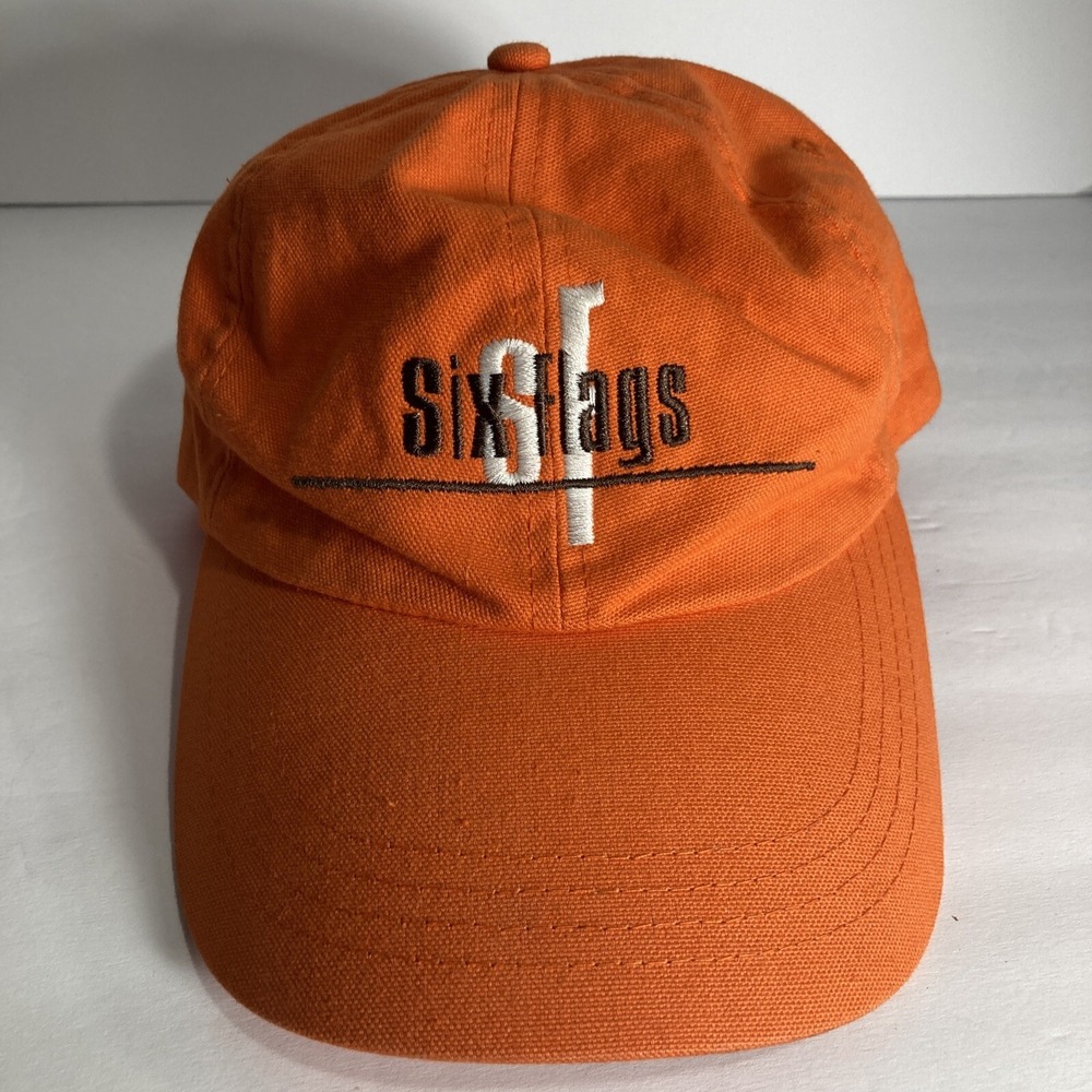 Six Flags Baseball Cap Mens Adult Orange Embroidered Logo Leather Strapback Hat